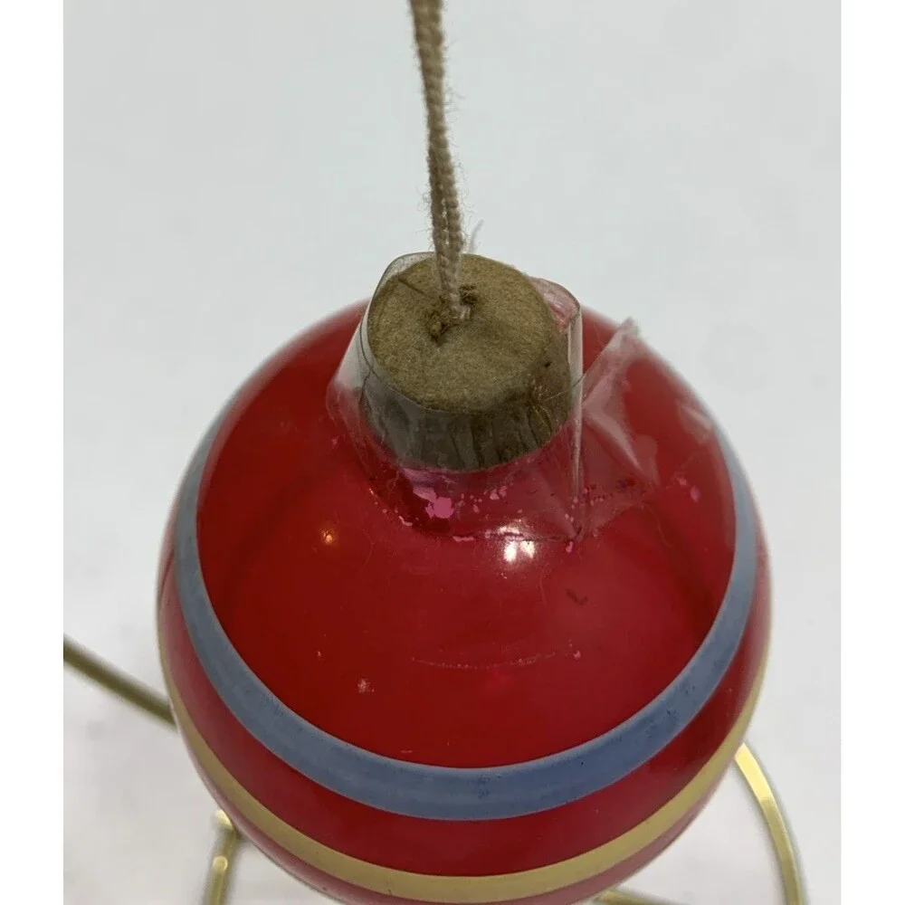 Vintage Glass Christmas Ornament Unsilvered Pink Blue White Stripes Paper Cap